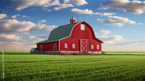 Classic red barn with green wheat field
