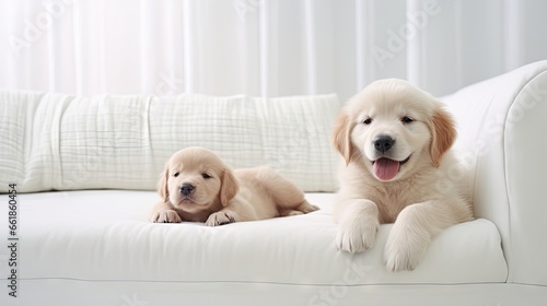 White labrador retriever or Golden retriever puppy sitting on the floor at home living room background.