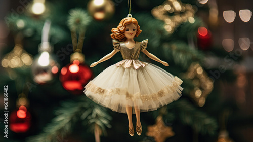 Christmas tree ornament shaped like a ballerina hanging on the Christmas tree.