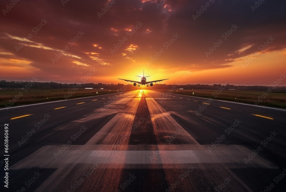 airplane at the airport at sunset. Generative AI - obrazy, fototapety, plakaty 