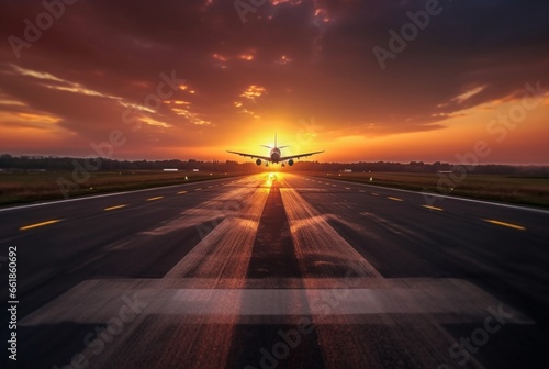 airplane at the airport at sunset. Generative AI