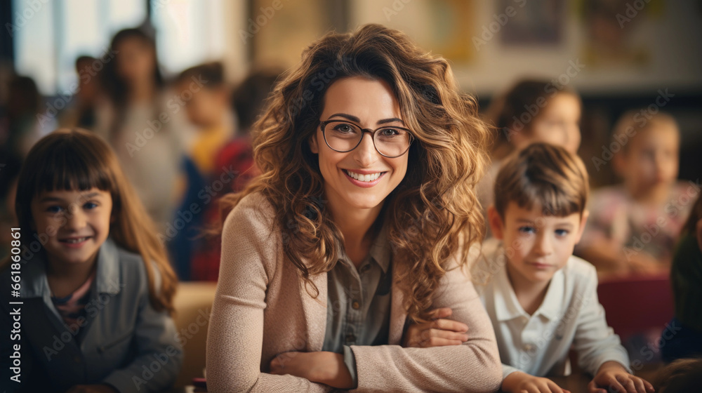 Obraz premium A woman teacher smiles as she sits in a classroom with children
