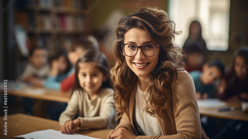 A woman teacher smiles as she sits in a classroom with children A woman teacher smiles as she sits in a classroom with children