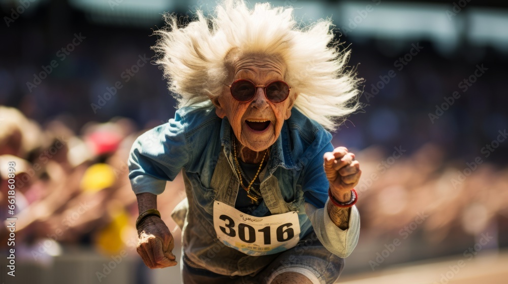 An elderly lady with sunglasses running at a marathon.