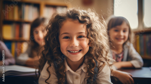 A girl elementary school student sits at her desk and smiles