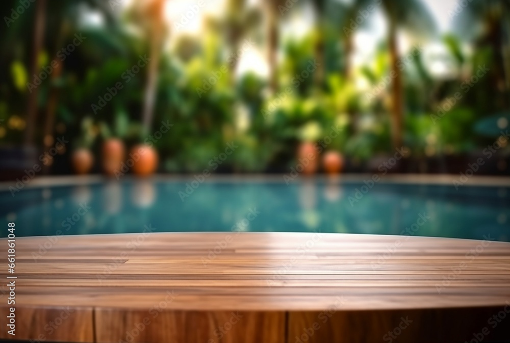empty wooden table with blurred background of swimming pool and sunlight, for podium product display. generative ai empty wooden table with blurred background of swimming pool and sunlight, for podium product display. generative ai