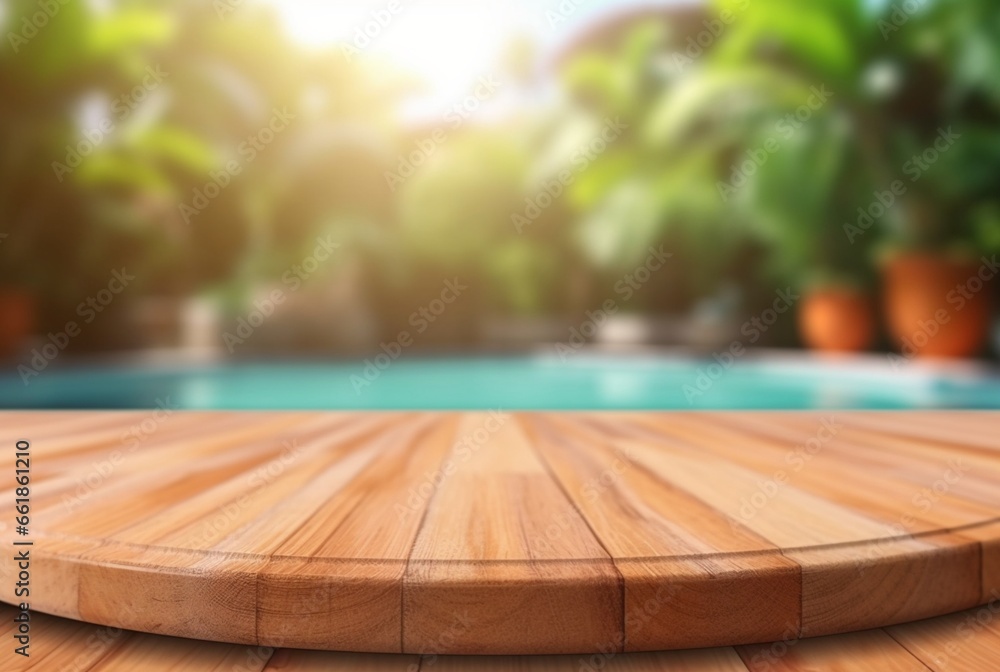 empty wooden table with blurred background of swimming pool and sunlight, for podium product display. generative ai