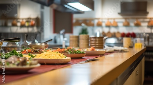 Illustration of professional restaurant or hotel kitchen interior with different utensils and furniture. Indoor background.