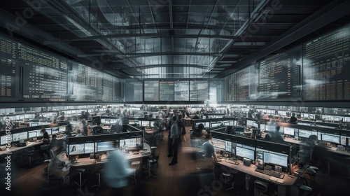 Trading floor with terminals  people in motion blur. Financial background.