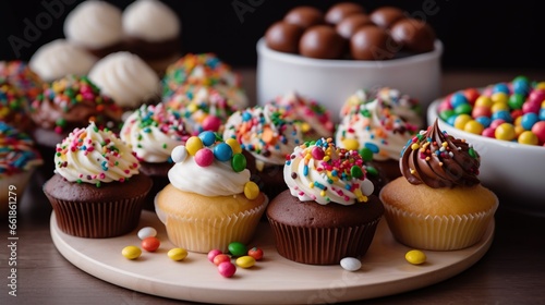 Chocolate cupcakes with colorful sprinkles on a table.