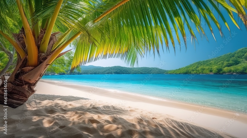 Beautiful and peaceful sea sandy coast, sunny summer beach panoramic scene with palm trees, outdoor background. Vacation time. Horizontal pc splash screen.