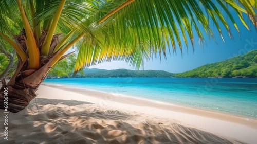 Beautiful and peaceful sea sandy coast  sunny summer beach panoramic scene with palm trees  outdoor background. Vacation time. Horizontal pc splash screen.