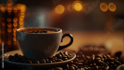 Cup of black aroma coffee with dark indoor cafe background.