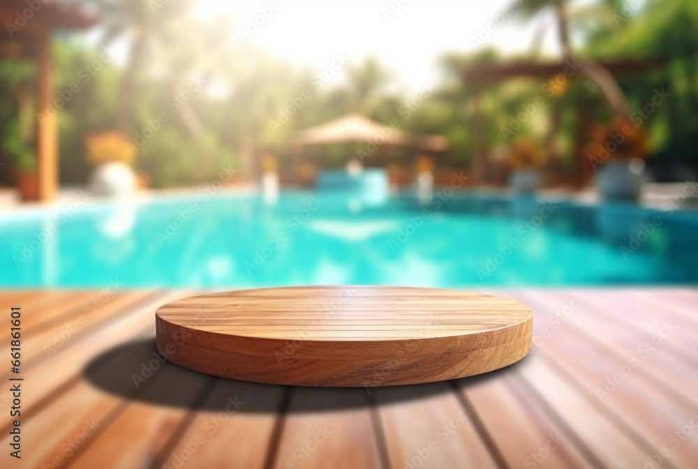 empty wooden table with blurred background of swimming pool and sunlight, for podium product display. generative ai empty wooden table with blurred background of swimming pool and sunlight, for podium product display. generative ai