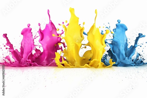 Vibrant splashes of CMYK colors isolated on a white background. Generative AI