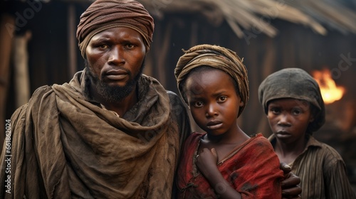 Dirty mother, father and son standing in poor African village