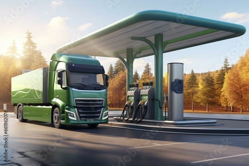 Various vehicles at hydrogen gas stations, refueling at fuel dispensers. Hydrogen combustion truck, automotive engine for emission-free, eco-friendly transport. 3D rendering. Generative AI
