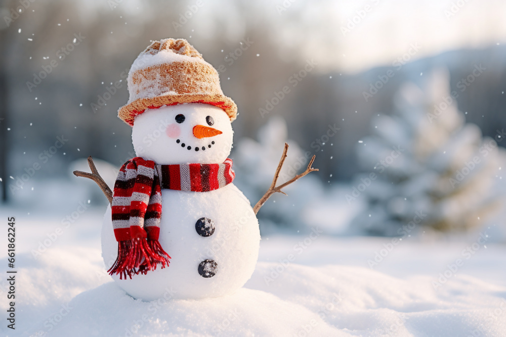 Snow man in the winter season with blurred background. Christmas holiday celebration. Snow man in the winter season with blurred background. Christmas holiday celebration.