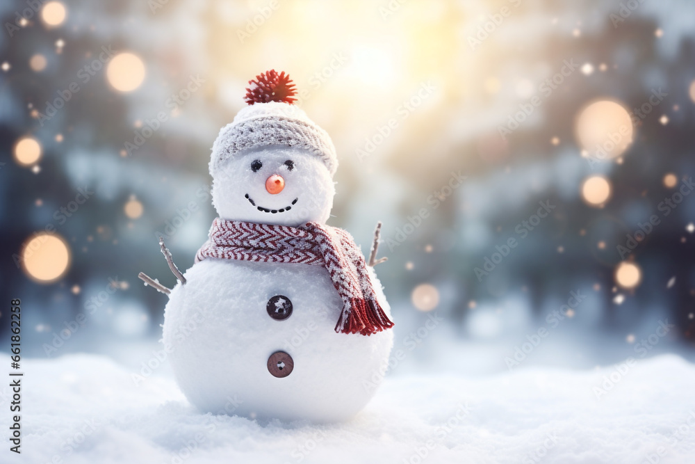 Snow man in the winter season with blurred background. Christmas holiday celebration.