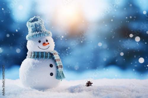 Snow man in the winter season with blurred background. Christmas holiday celebration.