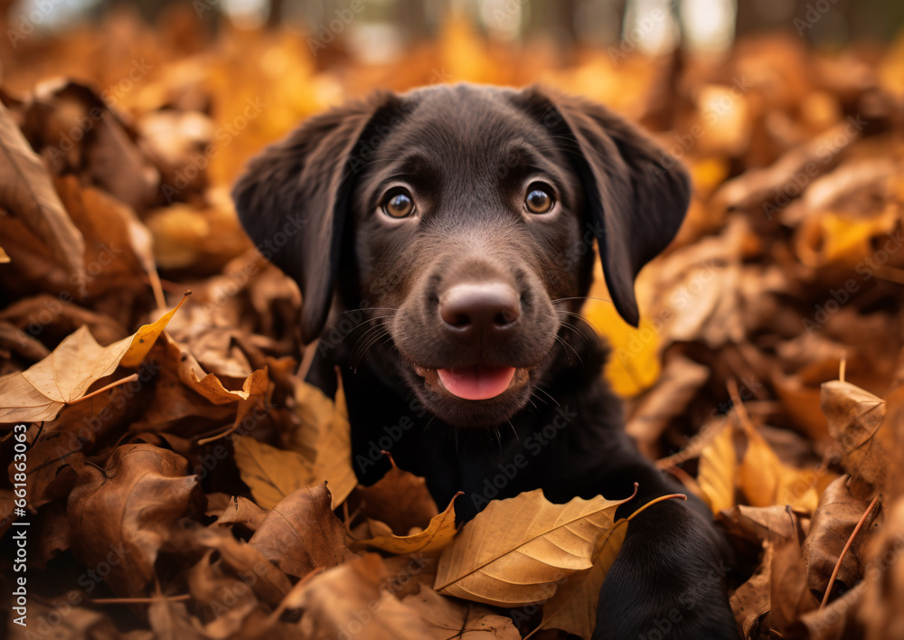 chocolate lab playfully hiding in autumn leaves