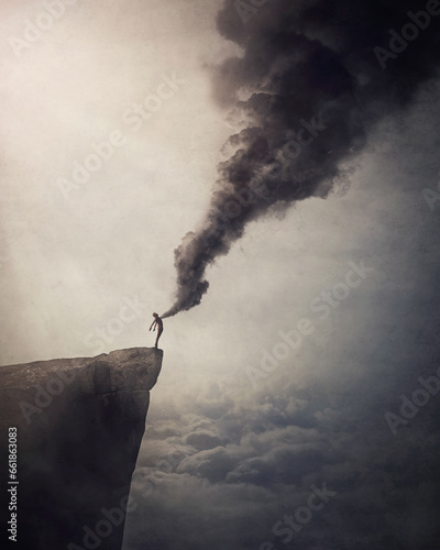 Cuadro en lienzo Deliver from evil conceptual scene with a person on the edge of a cliff liberate