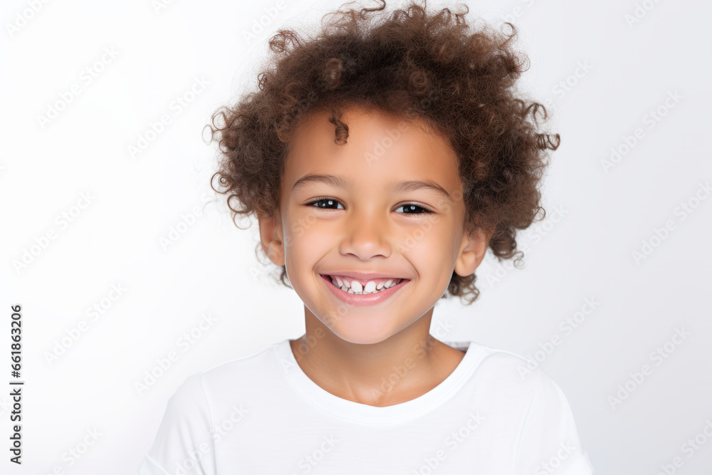 Portrait of a cute happy smiling mixed race boy child model with perfect clean face and curly hair isolated on white background Portrait of a cute happy smiling mixed race boy child model with perfect clean face and curly hair isolated on white background