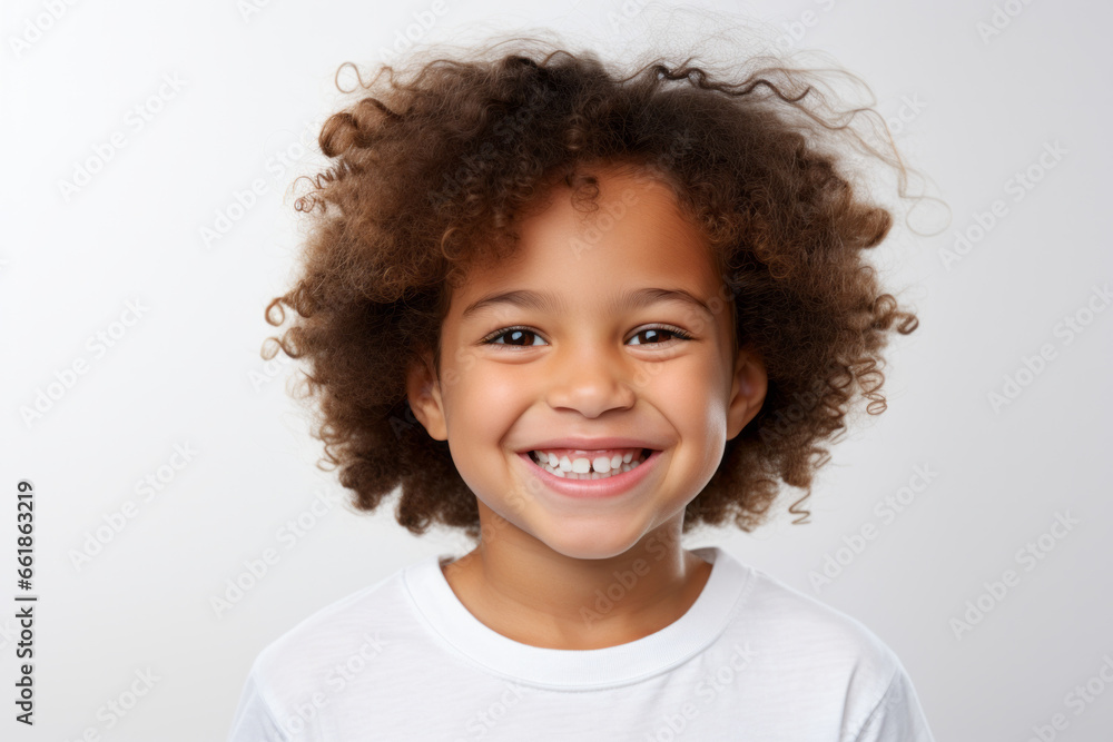 Portrait of a cute happy smiling mixed race boy child model with perfect clean face and curly hair isolated on white background Portrait of a cute happy smiling mixed race boy child model with perfect clean face and curly hair isolated on white background