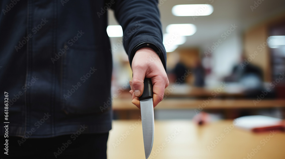 Terrorist and holding a knife in a school classroom with the intention to do a mass stab murder attack - obrazy, fototapety, plakaty 