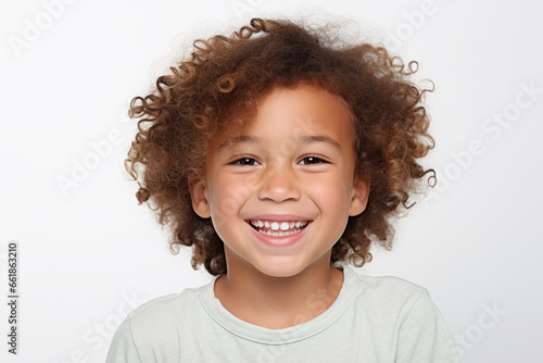 Portrait of a cute happy smiling mixed race boy child model with perfect clean face and curly hair isolated on white background