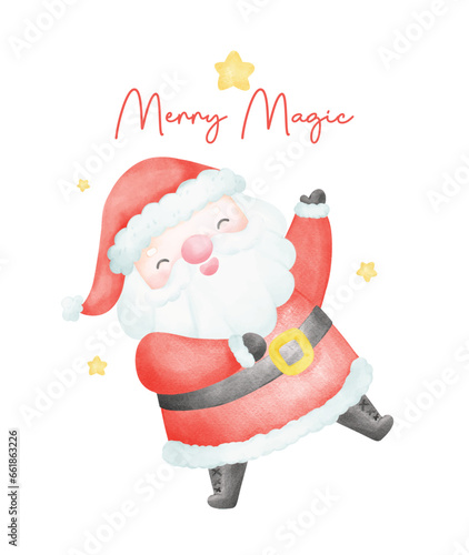 Cute Christmas watercolor with adorable smiling Santa Claus cartoon character vector illustration