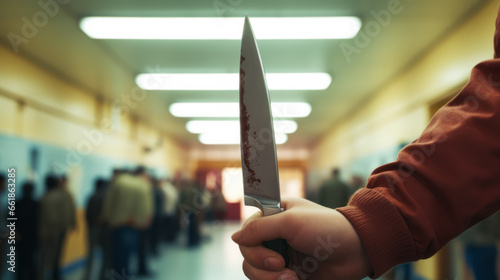 Terrorist and holding a knife in a school classroom with the intention to do a mass stab murder attack photo