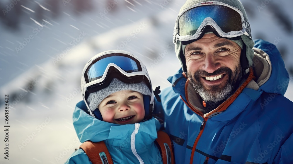 Father with son smiling at a ski resort Father with son smiling at a ski resort
