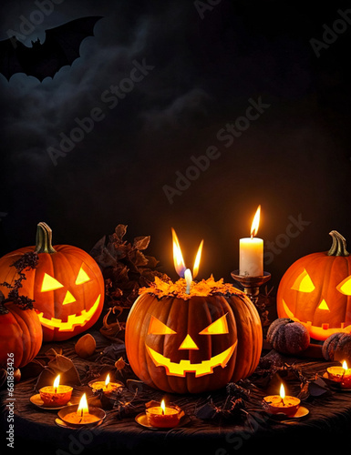 Terrifying pumpkins with candles for Halloween Fall pumpkins with Halloween candles , generated AI. © Roman