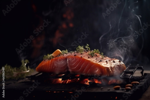 Appetizing grilled salmon steaks. Dark background, steam. Generative AI. © Oksana