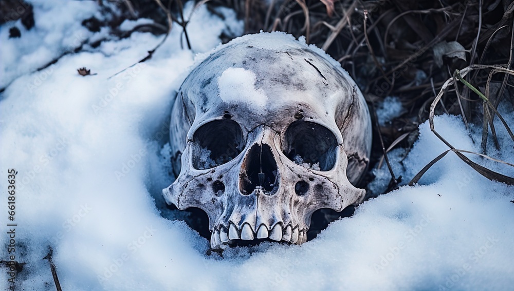 A skull buried in the snow. Great for stories on crime, history, archaeology, rituals, shamanism, mysteries and more. A skull buried in the snow. Great for stories on crime, history, archaeology, rituals, shamanism, mysteries and more.
