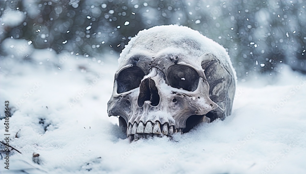 A skull buried in the snow. Great for stories on crime, history, archaeology, rituals, shamanism, mysteries and more. A skull buried in the snow. Great for stories on crime, history, archaeology, rituals, shamanism, mysteries and more.