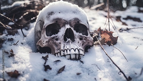A skull buried in the snow. Great for stories on crime, history, archaeology, rituals, shamanism, mysteries and more.
