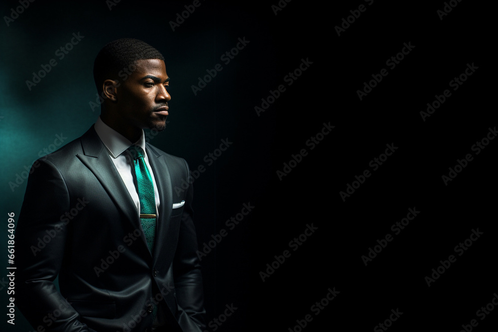 A somber gentleman, adorned in green-blue business suit, strikes resolute and determined pose amidst the neon glow of green light blue lights in low light environment. Generative AI. A somber gentleman, adorned in green-blue business suit, strikes resolute and determined pose amidst the neon glow of green light blue lights in low light environment. Generative AI.