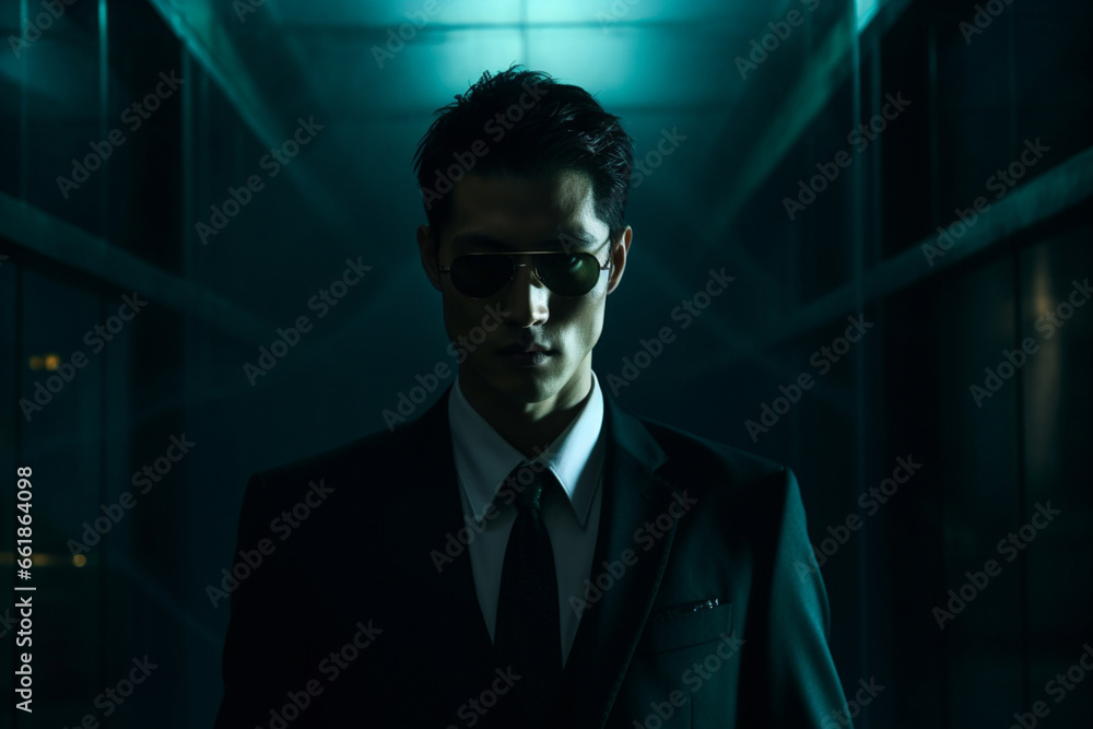 A somber gentleman, adorned in green-blue business suit, strikes resolute and determined pose amidst the neon glow of green light blue lights in low light environment. Generative AI. A somber gentleman, adorned in green-blue business suit, strikes resolute and determined pose amidst the neon glow of green light blue lights in low light environment. Generative AI.