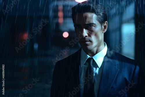 A somber gentleman, adorned in green-blue business suit, strikes resolute and determined pose amidst the neon glow of green light blue lights in low light environment. Generative AI.