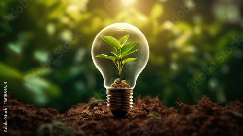 lightbulb tree with sunlight on soil. concept save world and energy power.