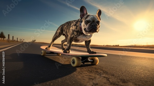 French bulldog standing on the longboard photo