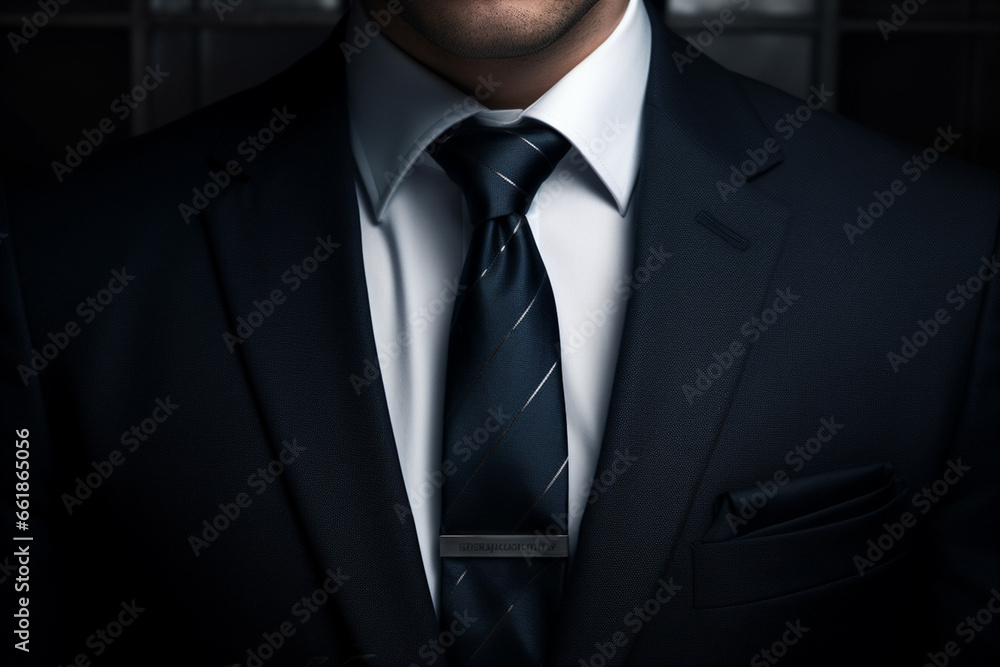 A close-up view of a businessman's elegant necktie, flawlessly styled and accentuating his formal business suit, captured under the precise studio lighting for a perfect shot. Generative AI. A close-up view of a businessman's elegant necktie, flawlessly styled and accentuating his formal business suit, captured under the precise studio lighting for a perfect shot. Generative AI.