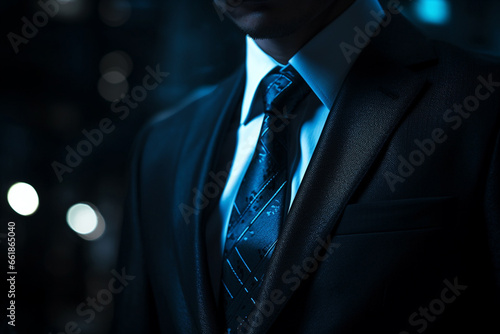 A close-up view of a businessman's elegant necktie, flawlessly styled and accentuating his formal business suit, captured under the precise studio lighting for a perfect shot. Generative AI.