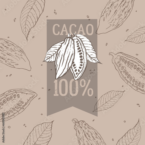 Illustration of cocoa beans, 100% cocoa label