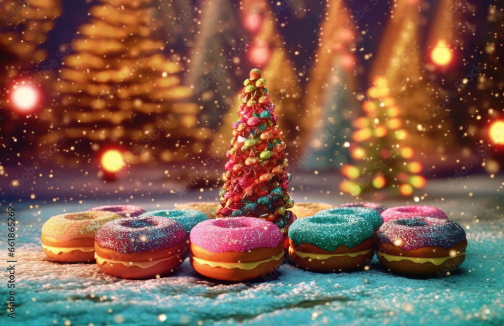 bright illustration of colorful donuts with filling and glaze. Christmas card with place for text. 