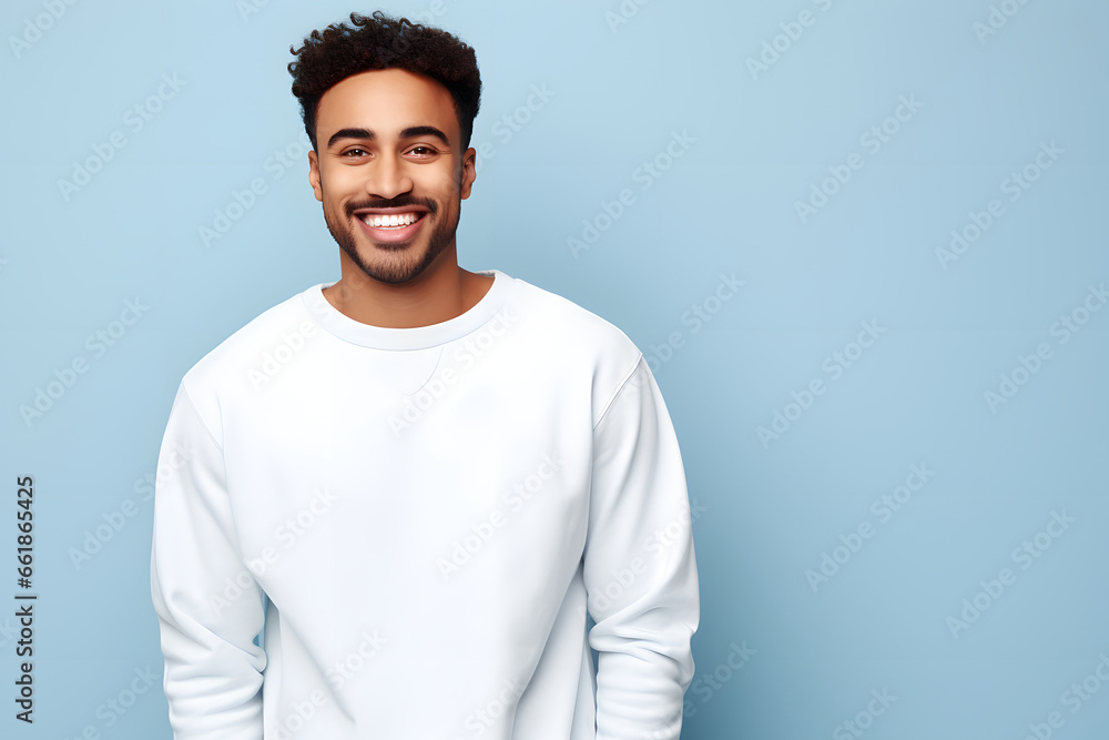 Man in white mockup sweater standing in light blue studio background Man in white mockup sweater standing in light blue studio background
