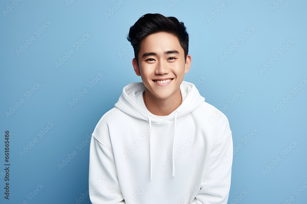 Asian man in white mockup sweater standing in light blue studio background Asian man in white mockup sweater standing in light blue studio background