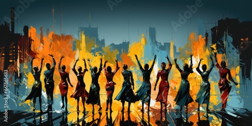 A painting of a group of people dancing in the rain. AI image.